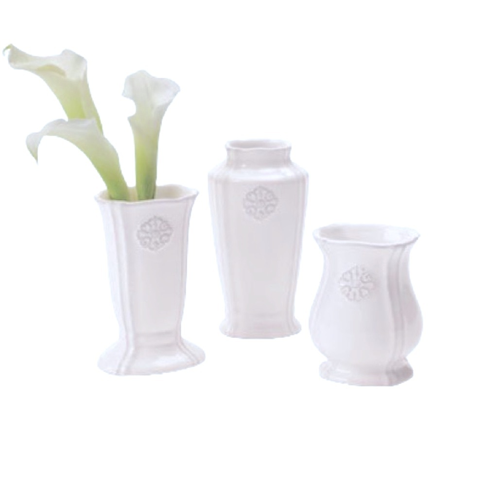 NIB • SL@H • Petite Bud Vases • Set of Three • Antique White • Gray Accents